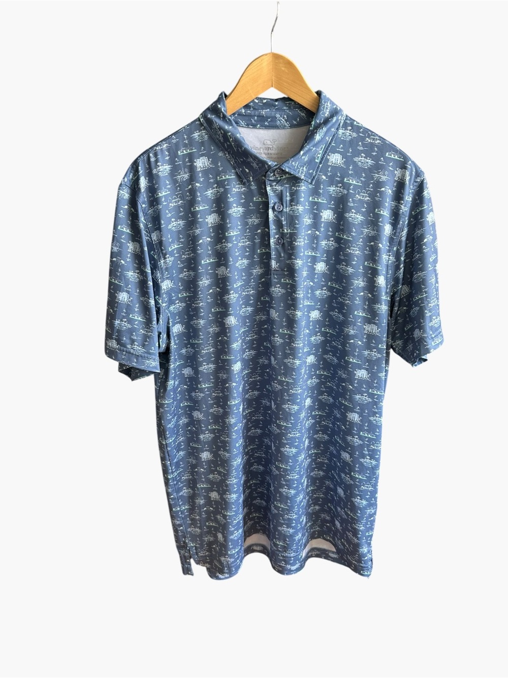 Vineyard Vines Performance Polo Mens Large Blue Coastal Print Stretch Golf